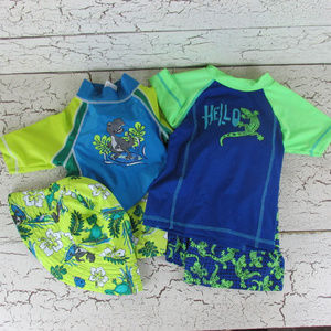2 sets Boys Swim shorts and Swim Shirts and hat 4T